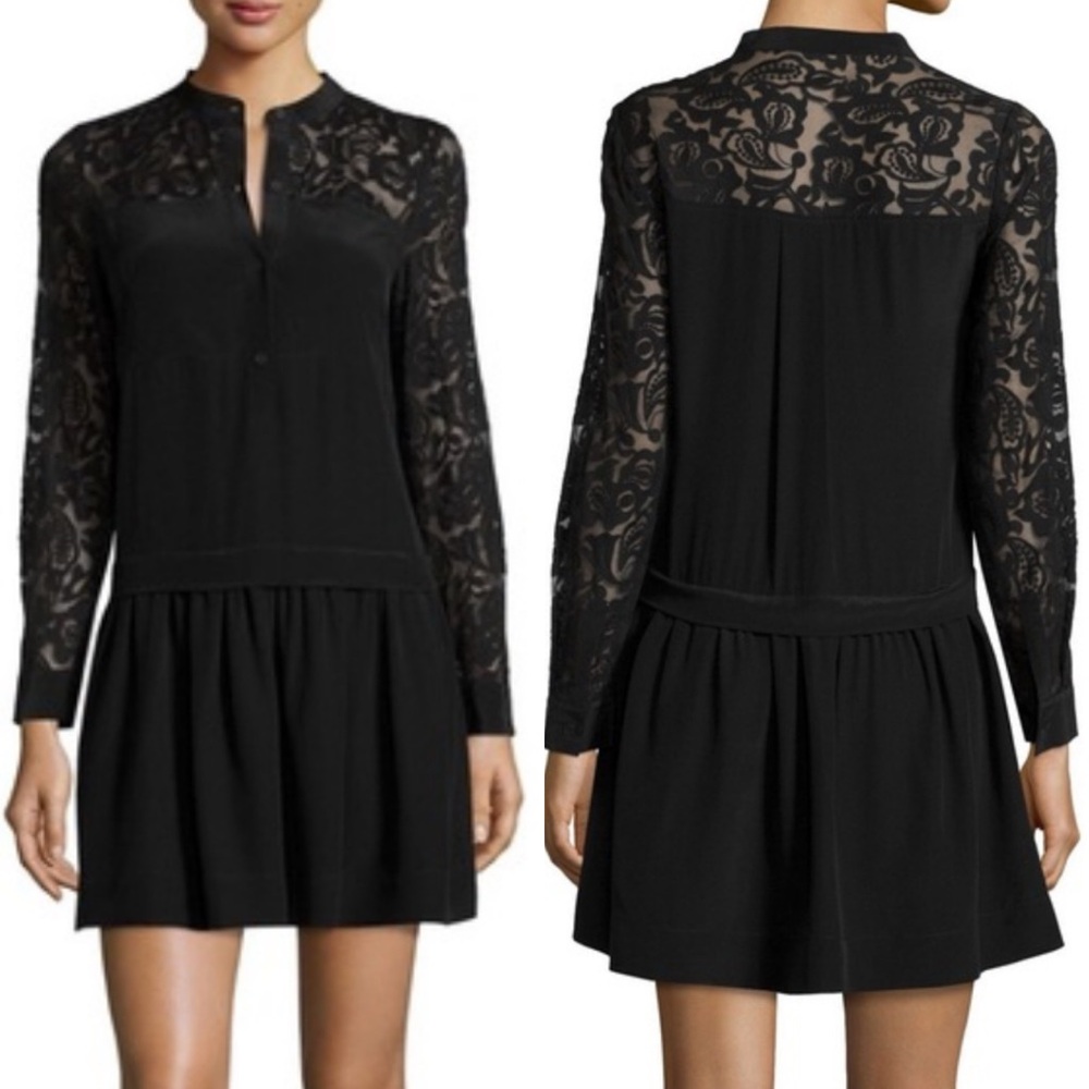 Rebecca Taylor black long sleeve floral lace silk dress drop waist size 6
